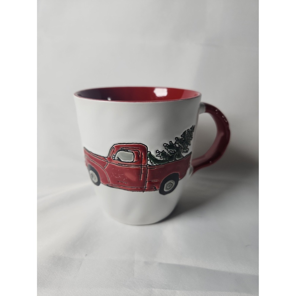 White Embossed Coffee Mug Vintage Red Truck w/Christmas Tree Spectrum Designz